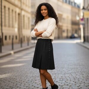 Vtg Anne Klein II Black Skirt‎ Womens 6 Midi A-Line Pleated Button Detail Retro